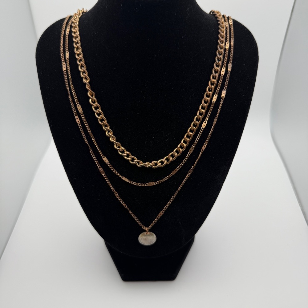 Gold Tone Multi-Layer Statement Necklace – 4-Strand Curb, Pendant Chains